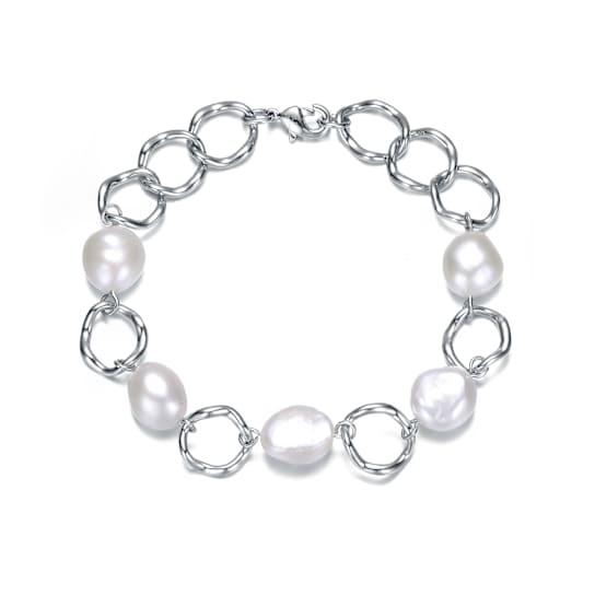 Freshwater Pearl And CZ Station Link Bracelet In Sterling Silver