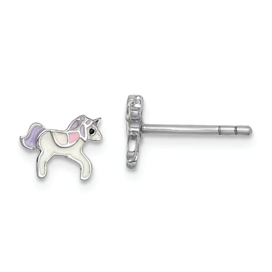 Rhodium Over Sterling Silver Childs Enamel Unicorn Post Earrings