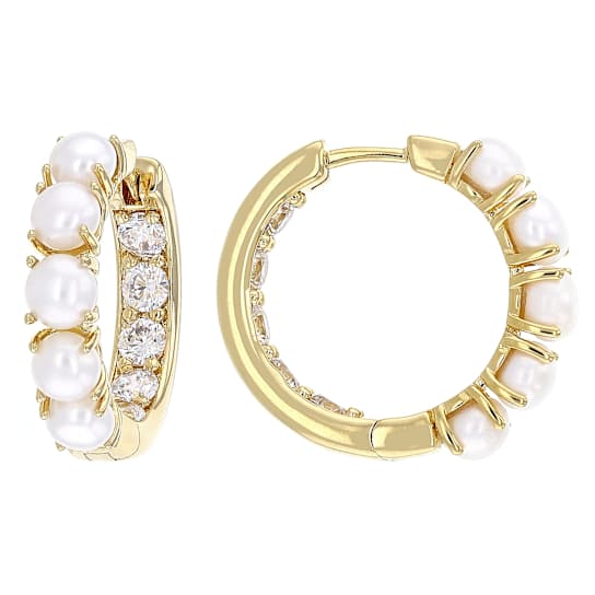 Freshwater Pearl And CZ Hoop Earrings In 18K Gold Over Bronze