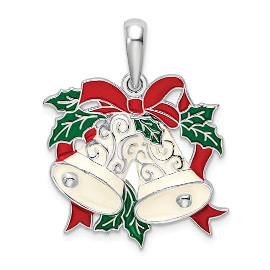 Sterling Silver Polished Enameled Bells and Holly Pendant
