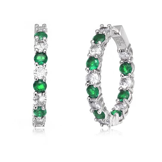 Emerald Color CZ Inside-Out Hoop Earrings In White Gold Over Brass