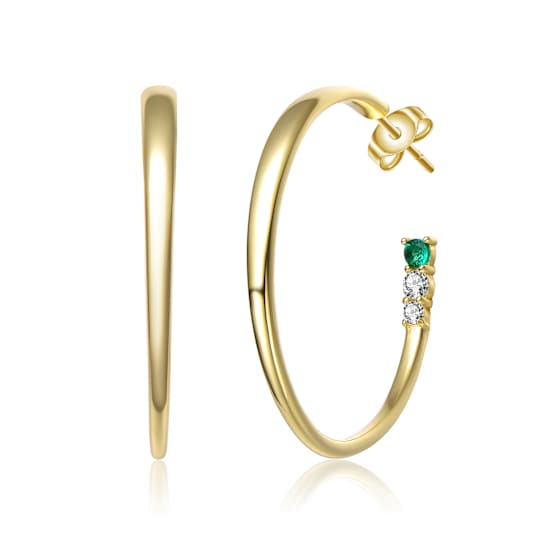 Emerald Color CZ Three-Stone C-Hoop Earrings In 14K Gold Over Sterling Silver