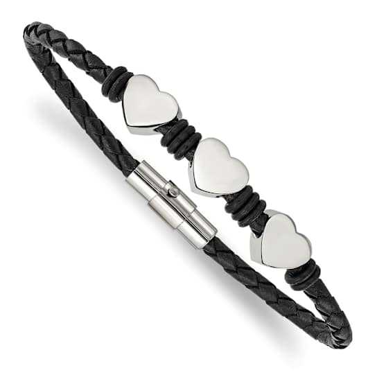 Black Leather and Stainless Steel with Polished Hearts 7.5-inch Bracelet