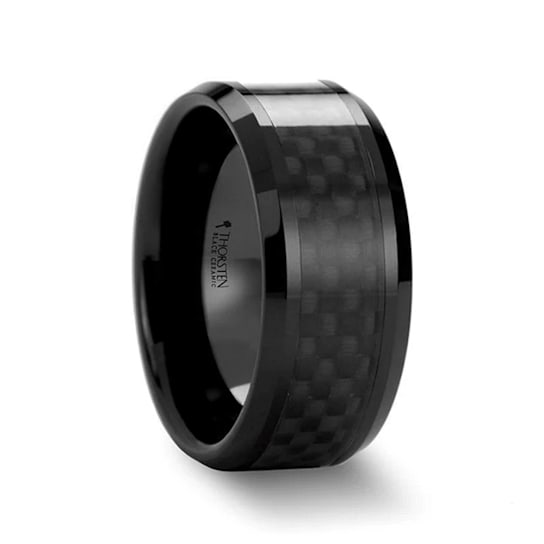 ONYX Black Carbon Fiber Inlaid Black Ceramic Wedding Band 12mm