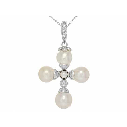 Akoya Pearl And White Sapphire Pendant In Sterling Silver 0.03ctw