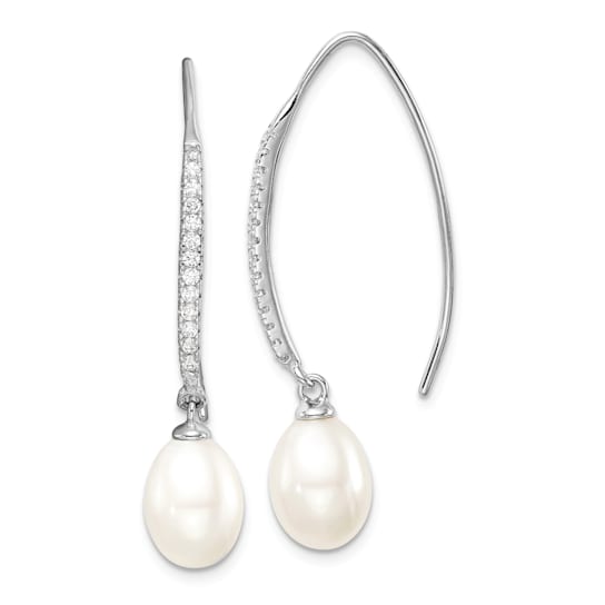 Rhodium Over Sterling Silver 7-8mm Freshwater Cultured Pearl and CZ
Threader Earrings