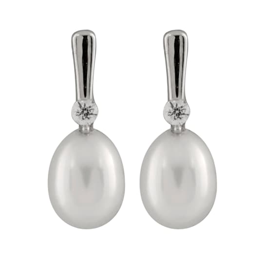 7-7.5mm White Cultured Freshwater Pearl and Cubic Zirconia Rhodium Over
Sterling Silver Earrings