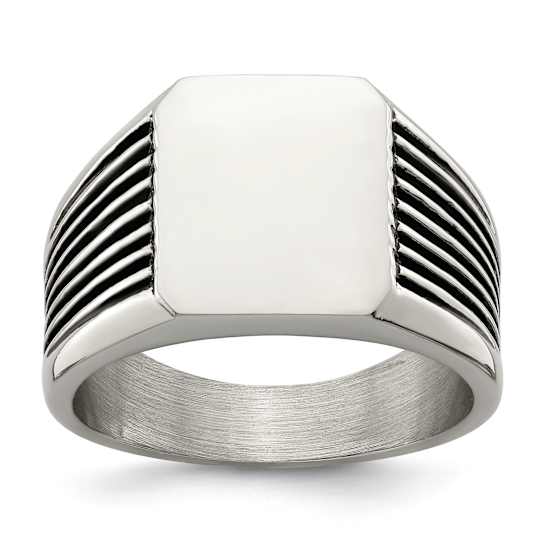Stainless Steel Polished with Black Enamel Signet Ring