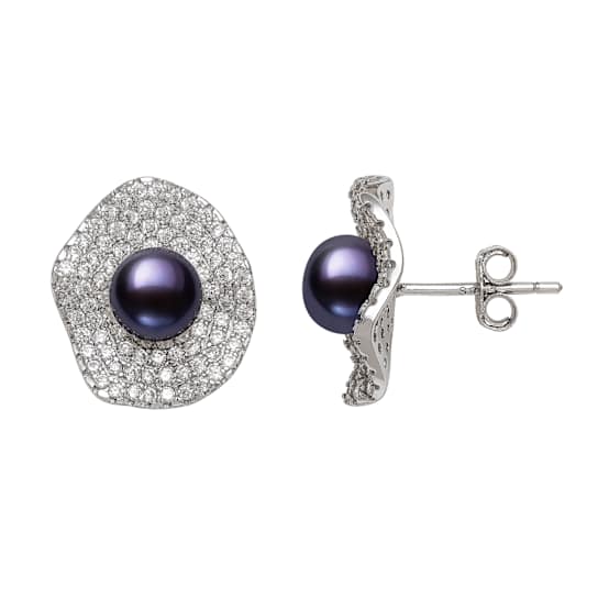Black Cultured Freshwater Pearl With Cubic Zirconia Rhodium Over
Sterling Silver Earrings