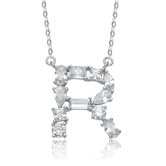 Initial R Mixed Cut CZ Pendant Necklace In Sterling Silver 18 Inch