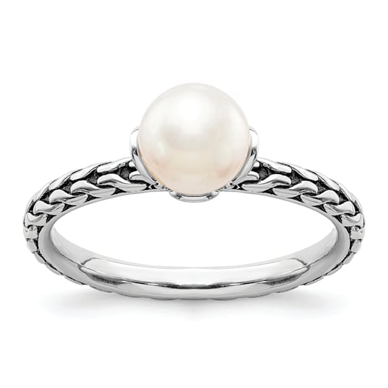 Rhodium Over Sterling Silver Stackable Expressions 7.0-7.5mm White
Freshwater Cultured Pearl Ring