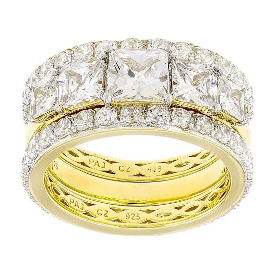 CZ Princess Cut and Eternity Band Ring Set in Gold Over Sterling Silver