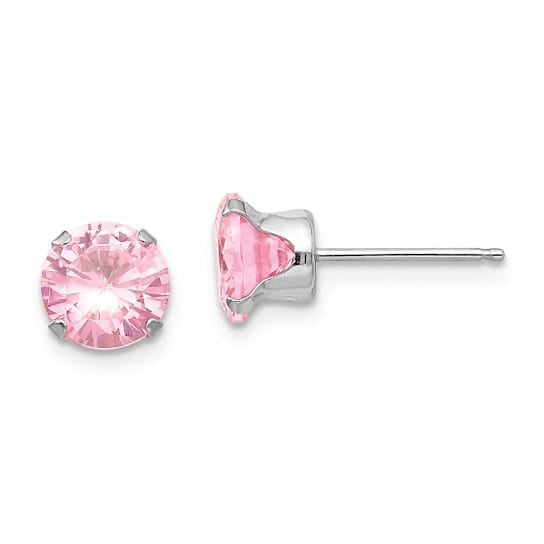 Rhodium Over 14k White Gold 6.5mm Pink Cubic Zirconia Stud Earrings