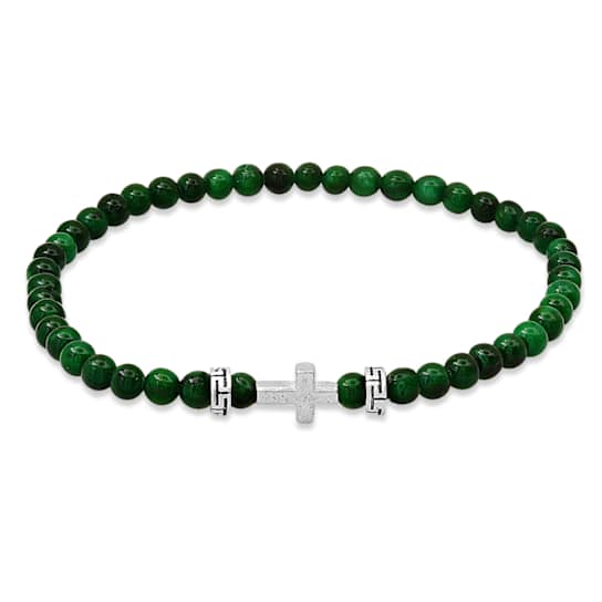 Green Agate Cross Charm Beaded Stretch Bracelet In Sterling Silver