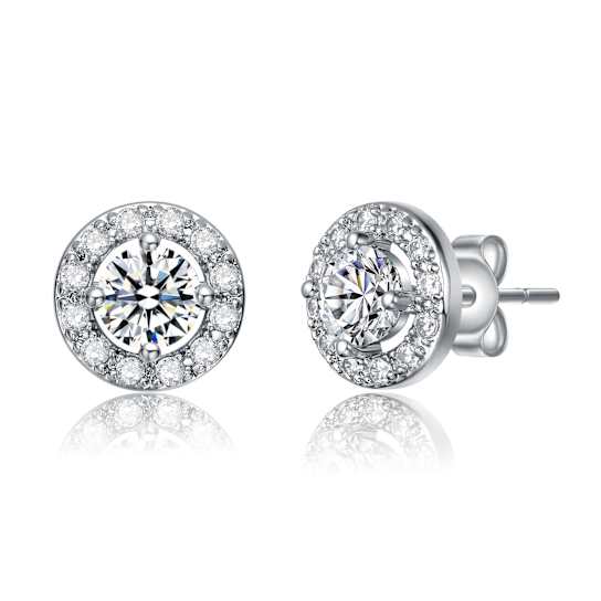 CZ Halo Stud Earrings In White Rhodium Over Brass