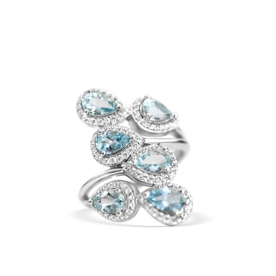 Rhodium Over Sterling Silver Pear Shape Aquamarine and White Zircon Ring 2.98ctw