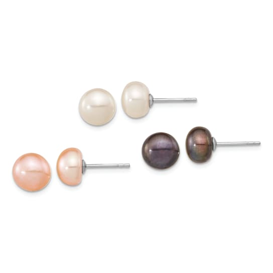 Rhodium Over Sterling Silver  8-9mm Set of 3 White/Black/Pink Button FWC
Pearl Earrings