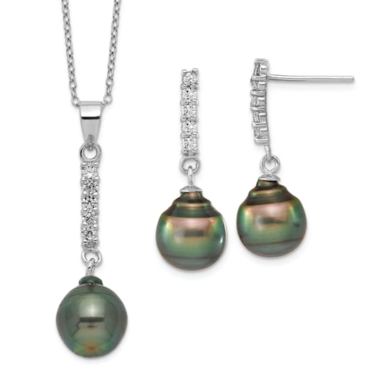 Rhodium Over Sterling Silver 9-10mm Tahitian Pearl Cubic Zirconia
Earring and Necklace Set