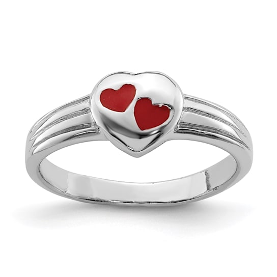Rhodium Over Sterling Silver Polished and Red Enameled Heart Children's Ring
