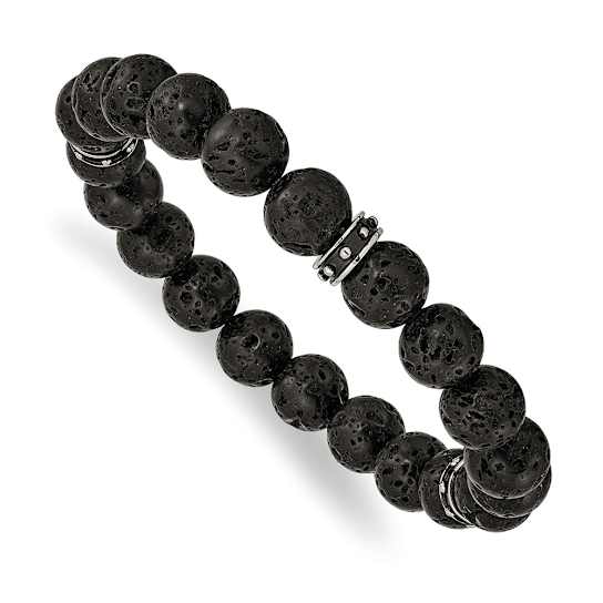 Stainless Steel Polished Black Enamel Lava Stone Beads Stretch Bracelet