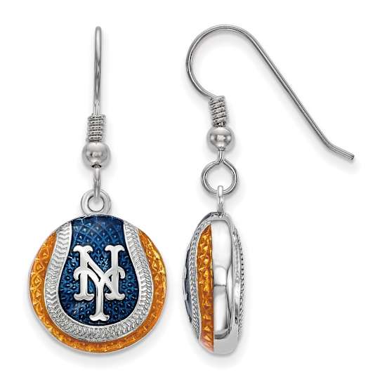 Rhodium Over Sterling Silver MLB LogoArt New York Mets N-Y Enamel Earrings