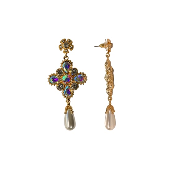 Gold Tone AB Crystal with Pearl Drop Earring
