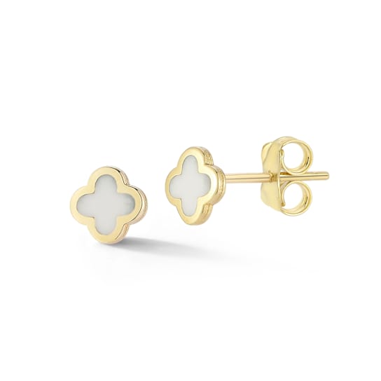 White Enamel Clover Stud Earrings In Solid 14K Gold