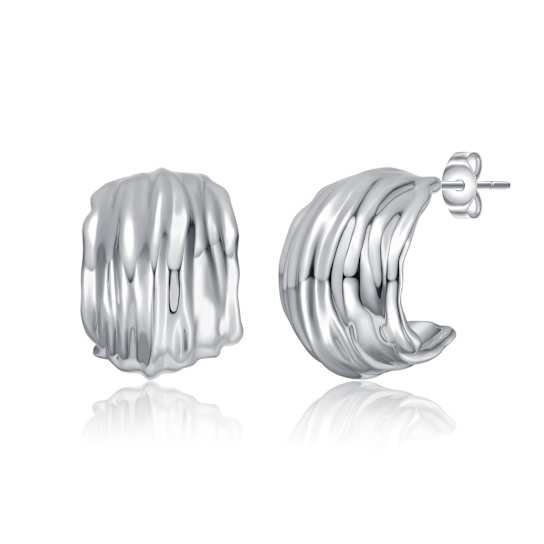 Basket Weave Chunky C-Hoop Earrings In Rhodium Over Brass