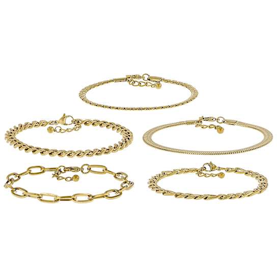 Snake, Cuban And Oval Link Set Of 5 Bracelets In Gold-Tone