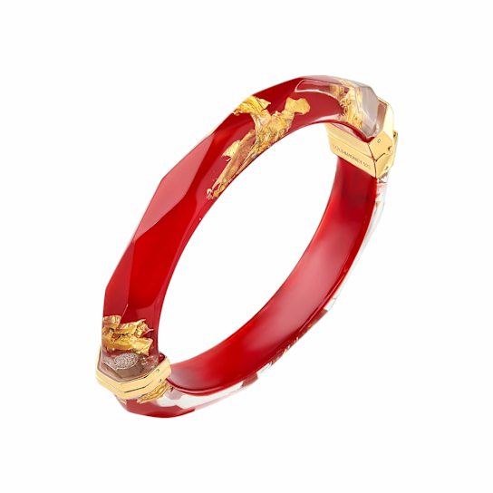 14K Yellow Gold Over Sterling Silver Thin Faceted Acrylic Bangle
Bracelet in Carnelian Red