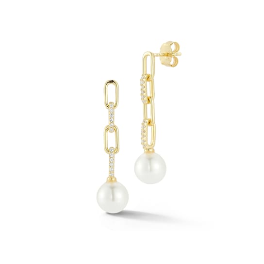 Rachel Zoe Freshwater Pearl and CZ Paperclip Link Dangle Earrings in 14K
Gold Over Sterling Silver