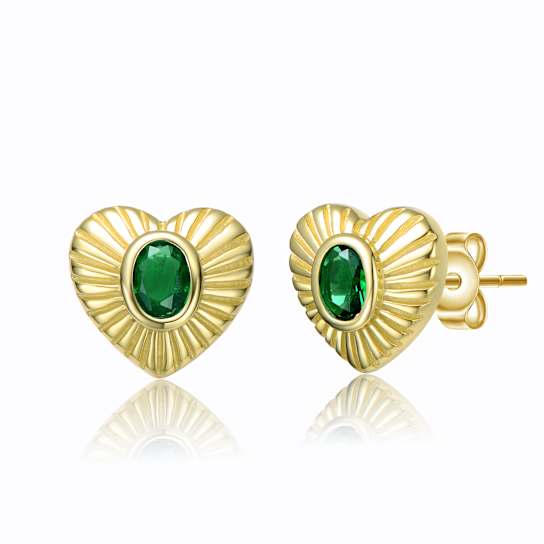 Emerald Color CZ Heart Stud Earrings In 14K Gold Over Sterling Silver