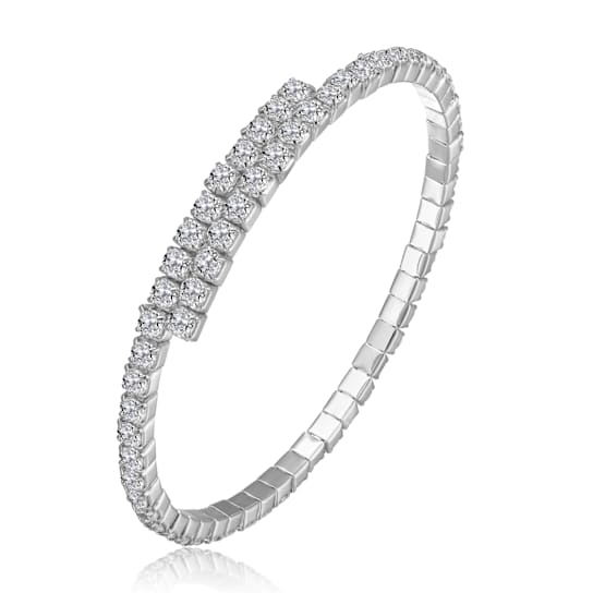 Bypass CZ Tennis Bracelet In White Rhodium Over Brass