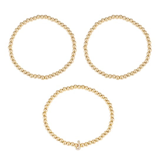 Initial J CZ Beaded Bracelet Set In 14K Gold Over Brass 0.07ctw