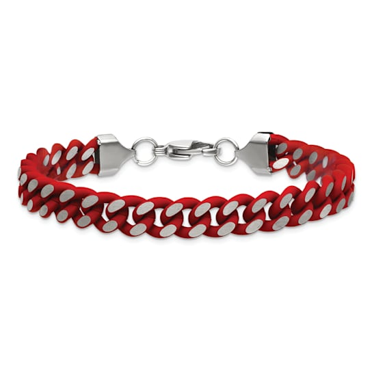 Stainless Steel 9mm Polished Red Enameled and Rubber Coated Curb Link Bracelet