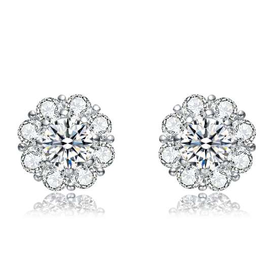 Flower CZ Stud Earrings In Sterling Silver