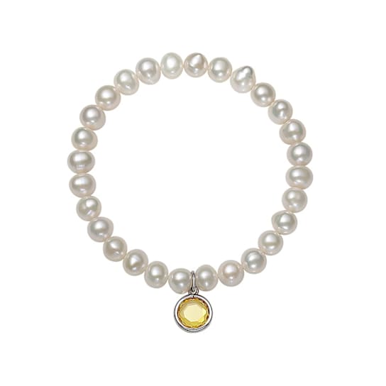 Freshwater Pearl And Yellow CZ Charm Stretch Bracelet In Sterling Silver