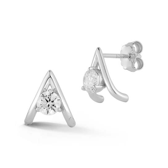 Rachel Zoe CZ J-Hoop Stud Earrings in Rhodium Over Sterling Silver