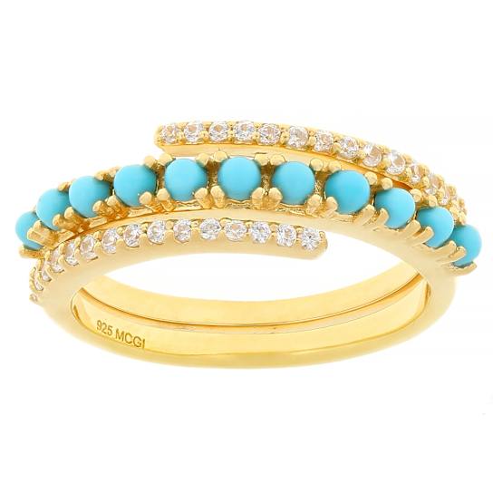 Turquoise And White Zircon Bypass Ring In 18K Gold Over Sterling Silver