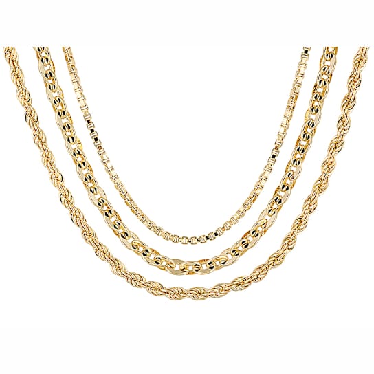 Box, Rope And Cable Link Chain Necklace Set In 18K Gold Over Bronze