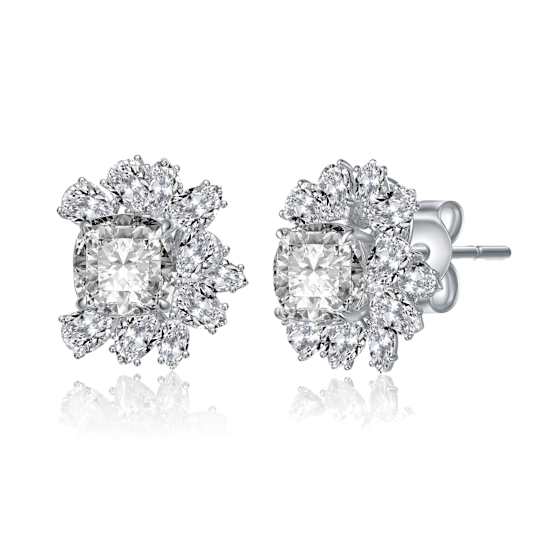 Floral CZ Cluster Stud Earrings In Sterling Silver