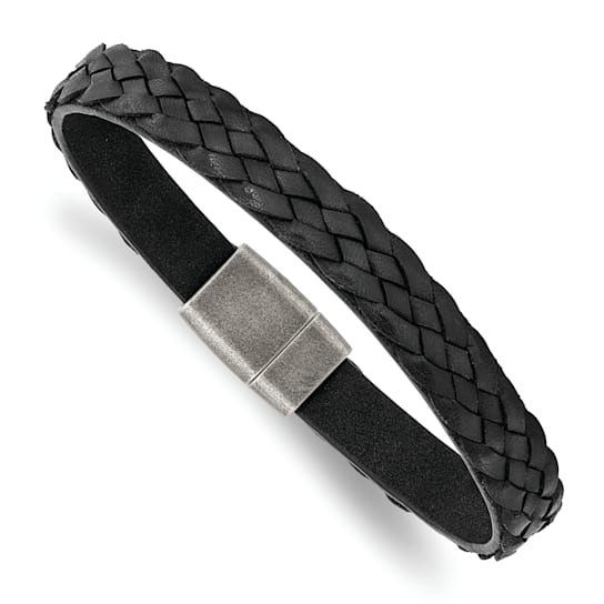 Black Braided Leather and Stainless Steel Antiqued 8.25-inch Bracelet