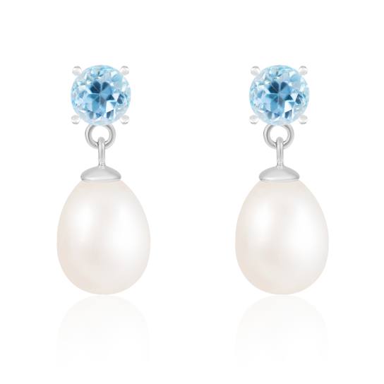 White Freshwater Pearl and Blue Topaz Dangle Earrings In Sterling Silver