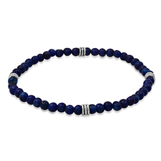 Blue Lapis Lazuli Beaded Stretch Bracelet In Sterling Silver