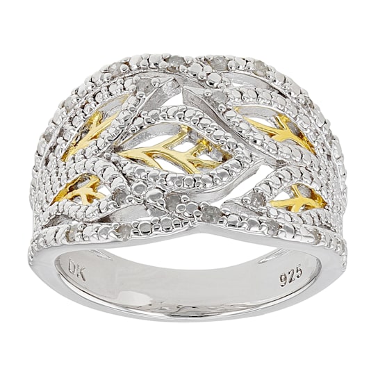 White Diamond Rhodium & 14k Yellow Gold Over Sterling Silver Wide
Band Leaf Ring 0.20ctw