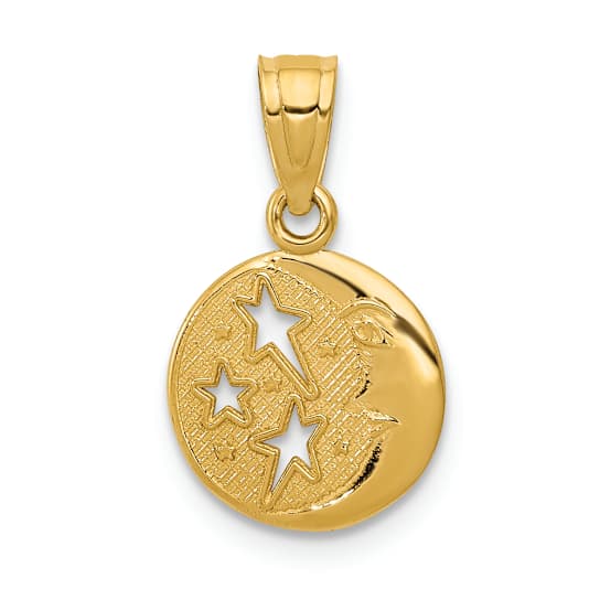 14k Yellow Gold Textured Moon and Stars Pendant