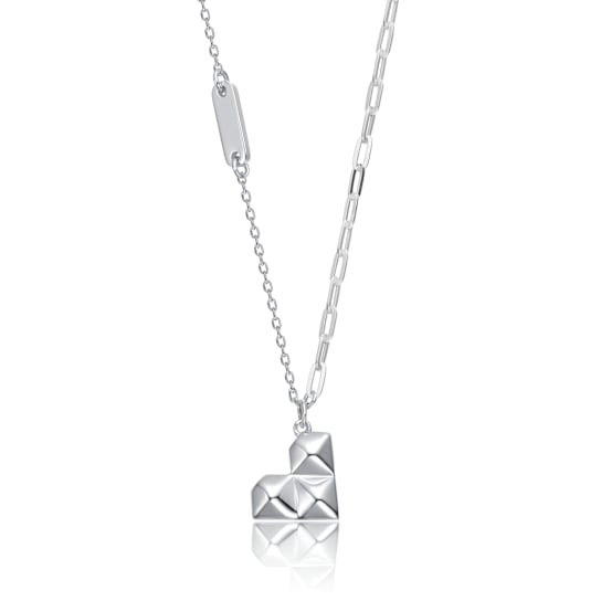 Geometric Heart Pendant Necklace In Rhodium Over Brass