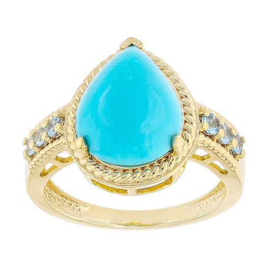 Turquoise Pear With Blue Topaz Ring In 18K Gold Over Sterling Silver 0.23ctw