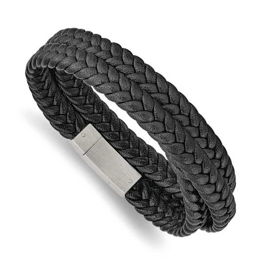 Black Braided Leather and Stainless Steel Brushed 23-inch Wrap Bracelet