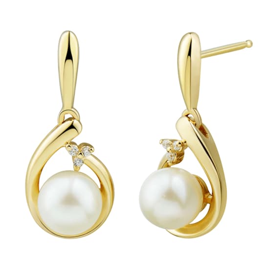 6-6.5mm Round White Freshwater Pearl with Diamond Accents 10K Yellow
Gold Drop Earrings